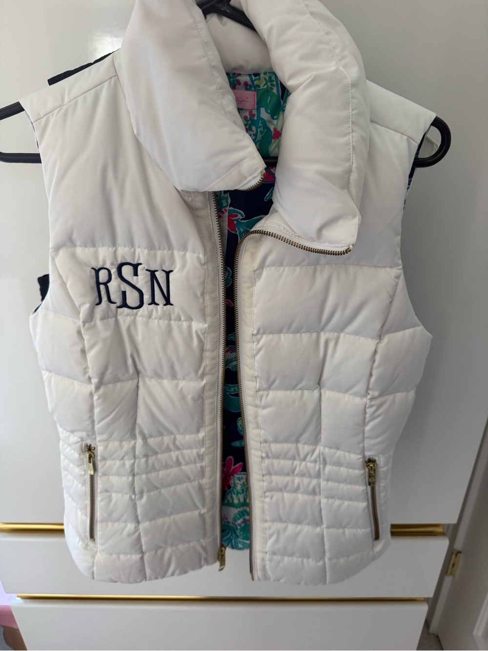 Lilly Pulitzer White Quilted Puffer Vest with Floral Lining
